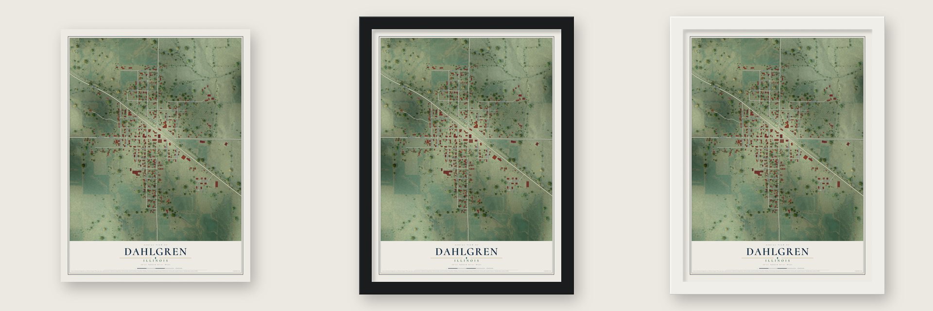 Dahlgren, Illinois map unframed, in a black wood frame and in a white wood frame