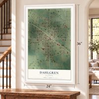 Dahlgren, Illinois map, 24 x 36 inch print in a white frame by a staircase