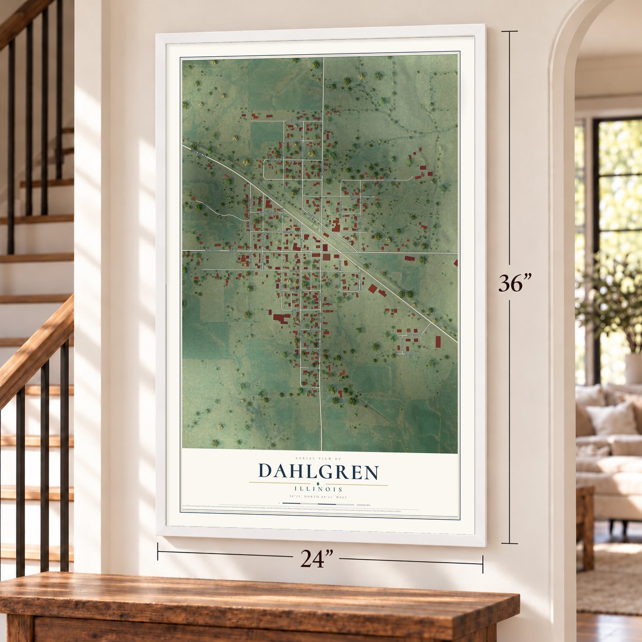 Dahlgren, Illinois map, 24 x 36 inch print in a white frame by a staircase