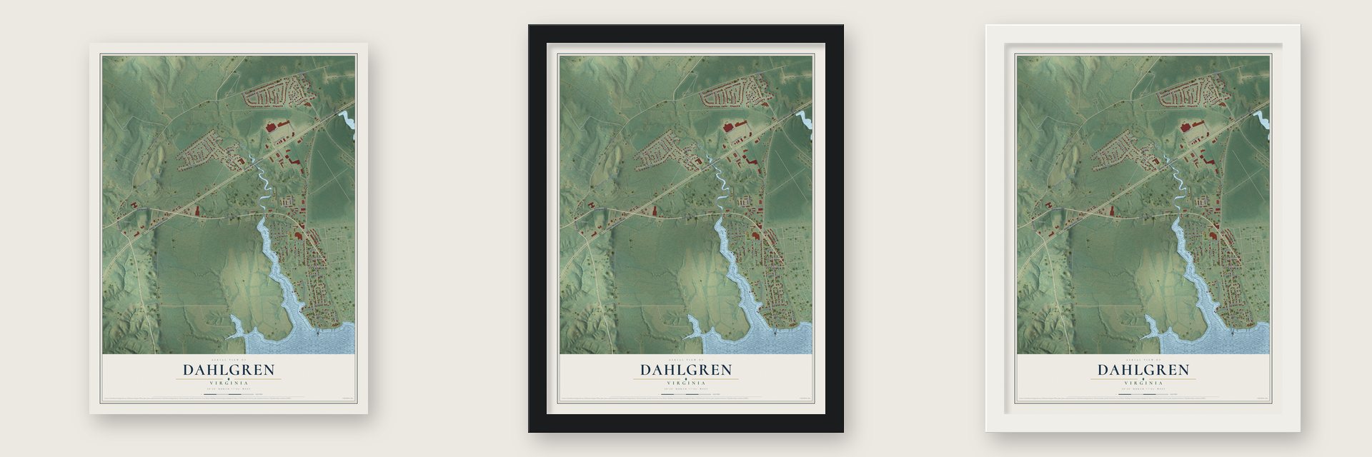 Dahlgren, Virginia map unframed, in a black wood frame and in a white wood frame