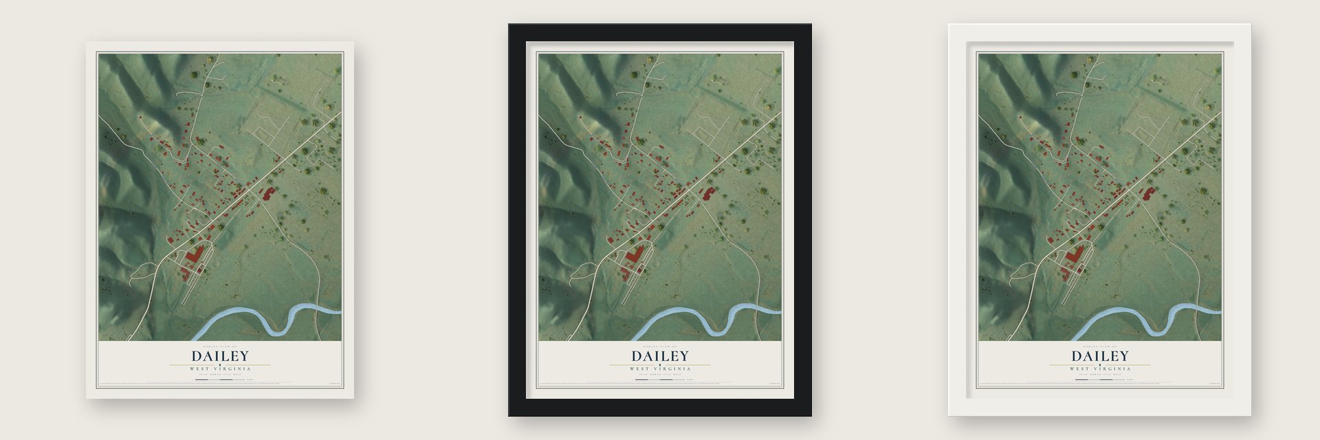 Dailey, West Virginia map unframed, in a black wood frame and in a white wood frame