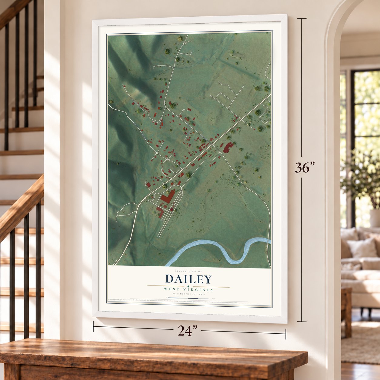 Dailey, West Virginia map, 24 x 36 inch print in a white frame by a staircase