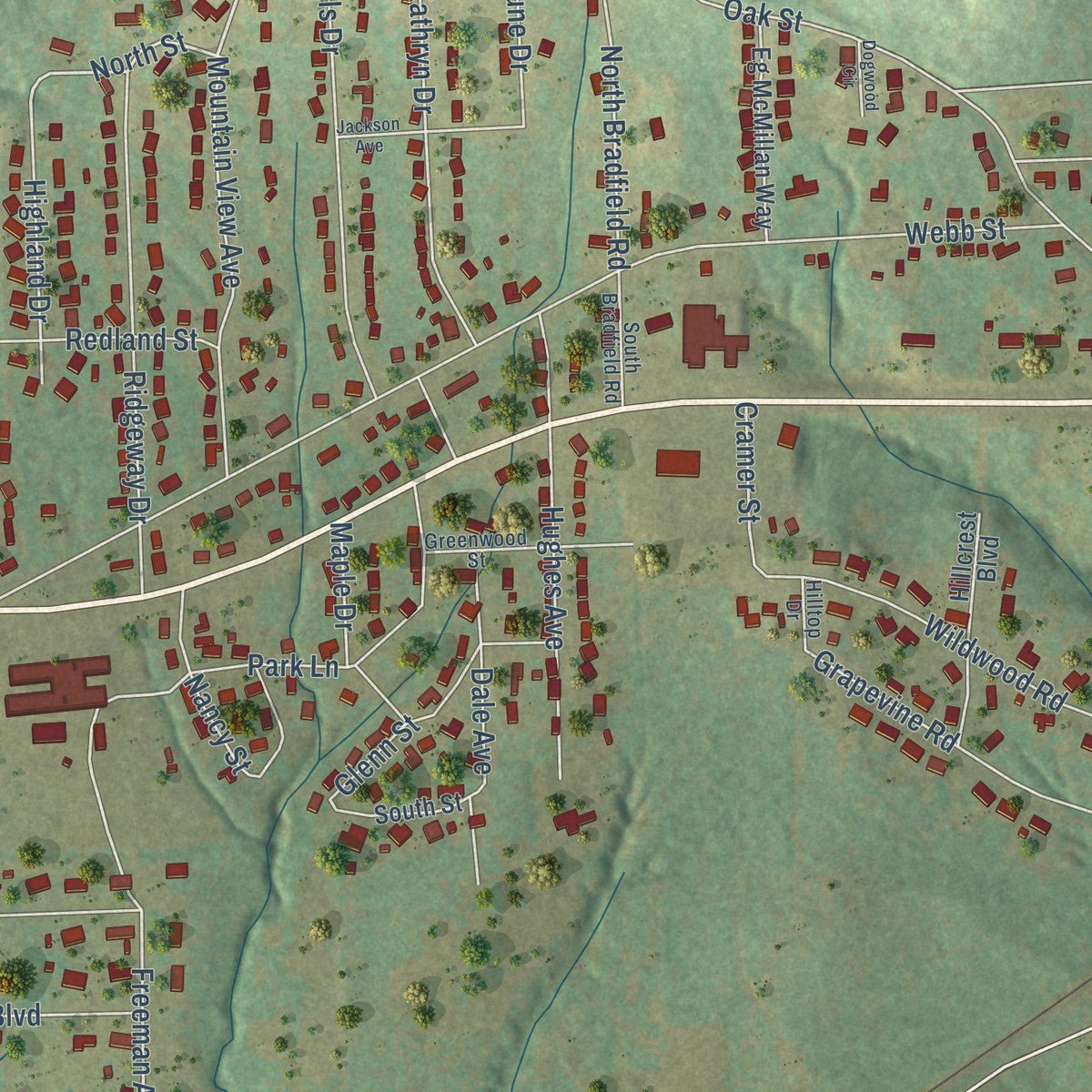 Second close-up of the map of Daingerfield, Texas print showing more streets and buildings