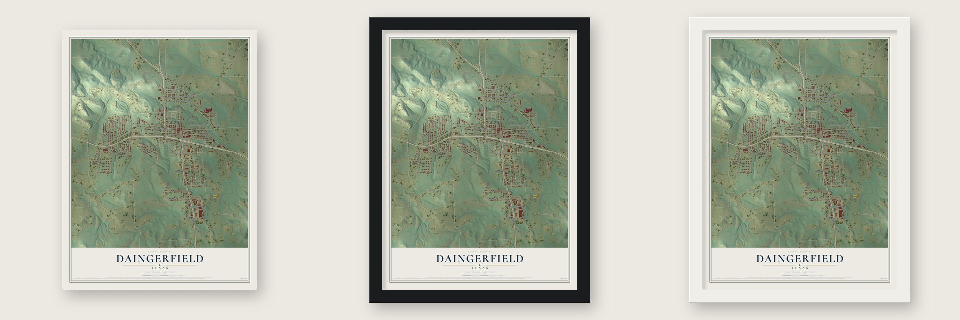 Daingerfield, Texas map unframed, in a black wood frame and in a white wood frame