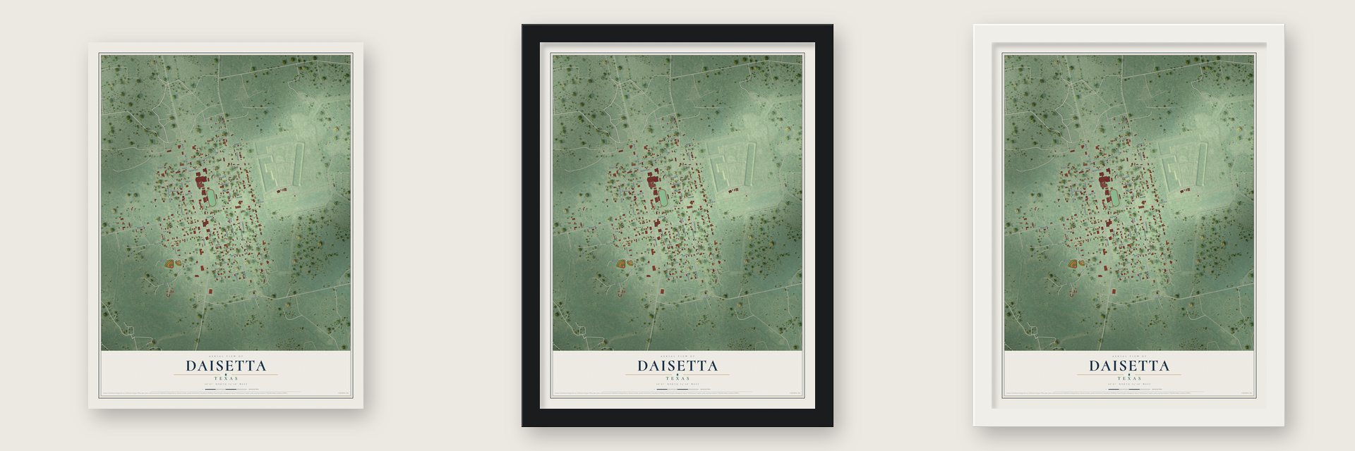 Daisetta, Texas map unframed, in a black wood frame and in a white wood frame