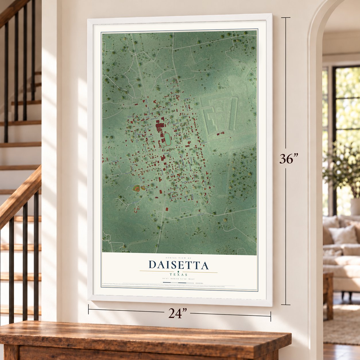 Daisetta, Texas map, 24 x 36 inch print in a white frame by a staircase