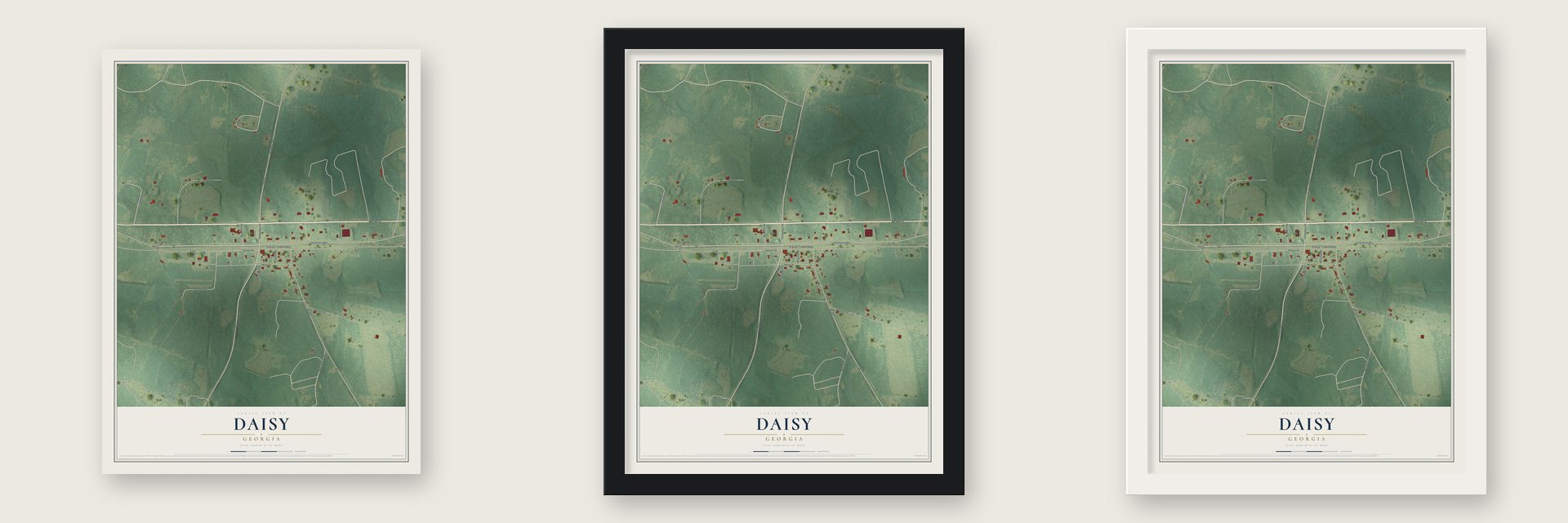 Daisy, Georgia map unframed, in a black wood frame and in a white wood frame
