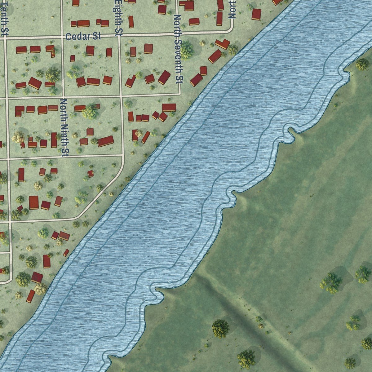 Second close-up of the map of Dakota City, Nebraska print showing more streets and buildings