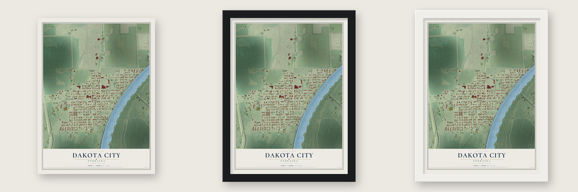 Dakota City, Nebraska map unframed, in a black wood frame and in a white wood frame