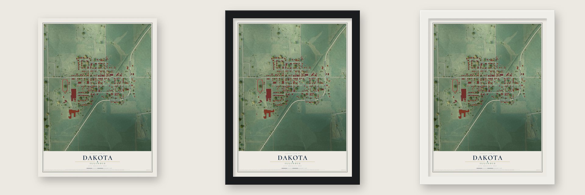 Dakota, Illinois map unframed, in a black wood frame and in a white wood frame