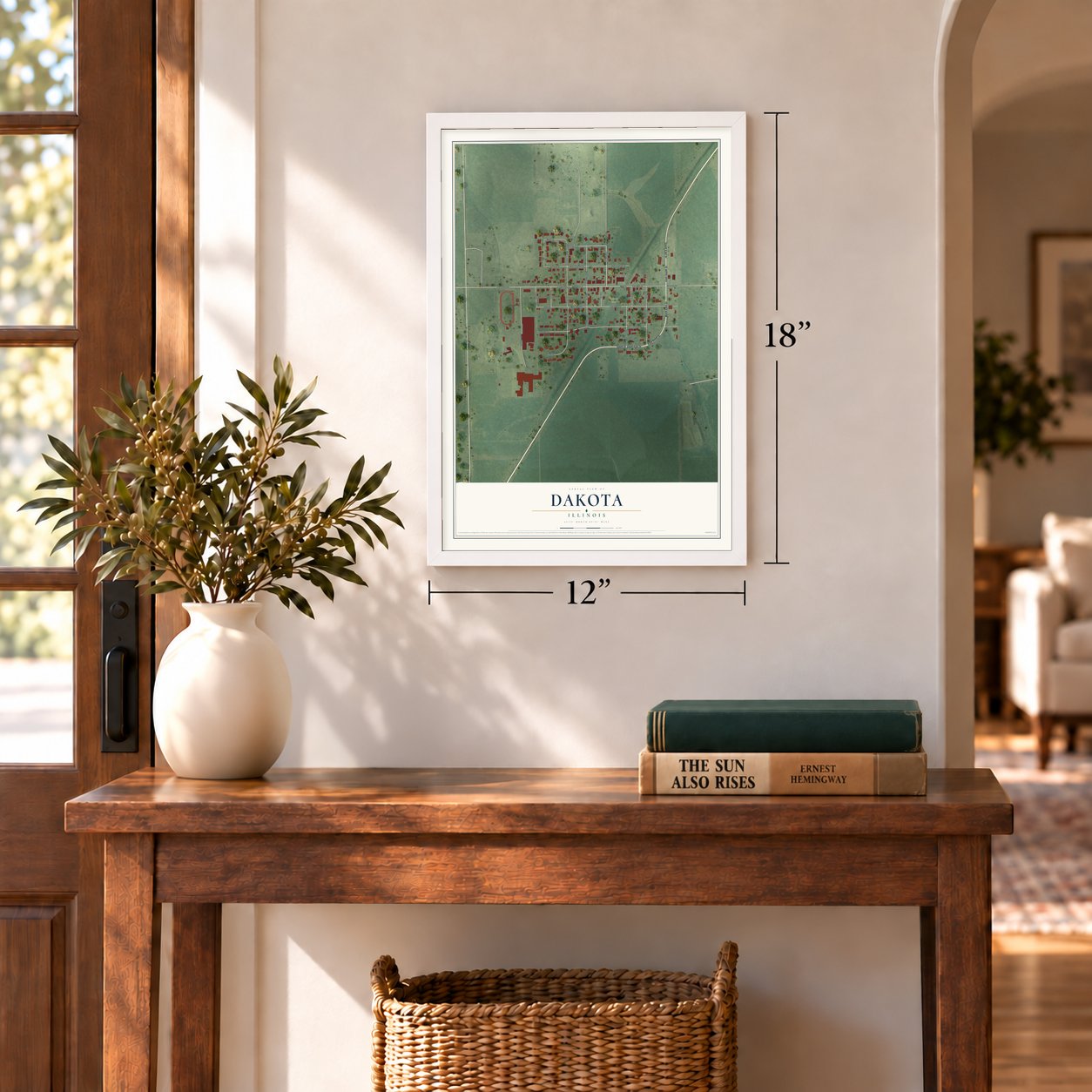 Dakota, Illinois map, 12 x 18 inch print in a white frame in an entryway