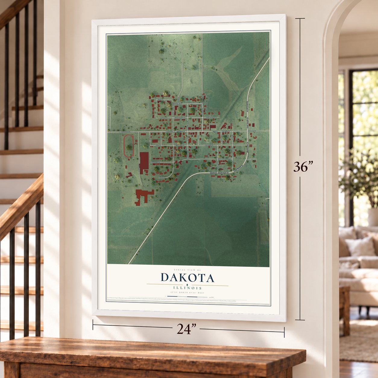 Dakota, Illinois map, 24 x 36 inch print in a white frame by a staircase