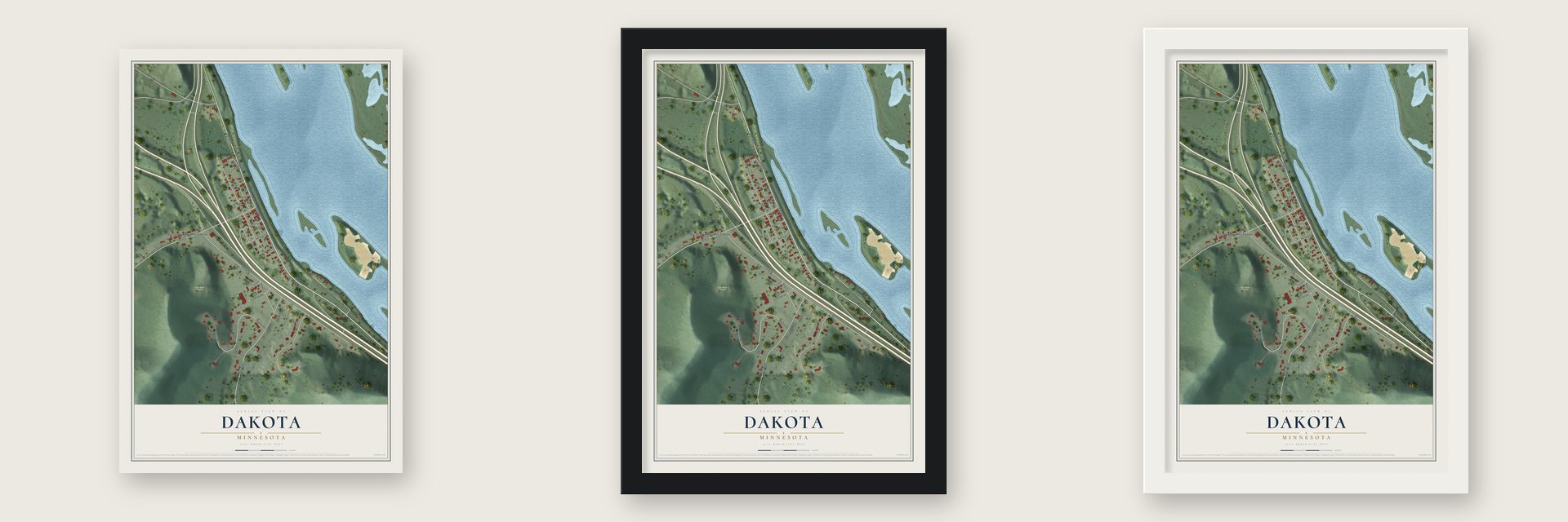 Dakota, Minnesota map unframed, in a black wood frame and in a white wood frame