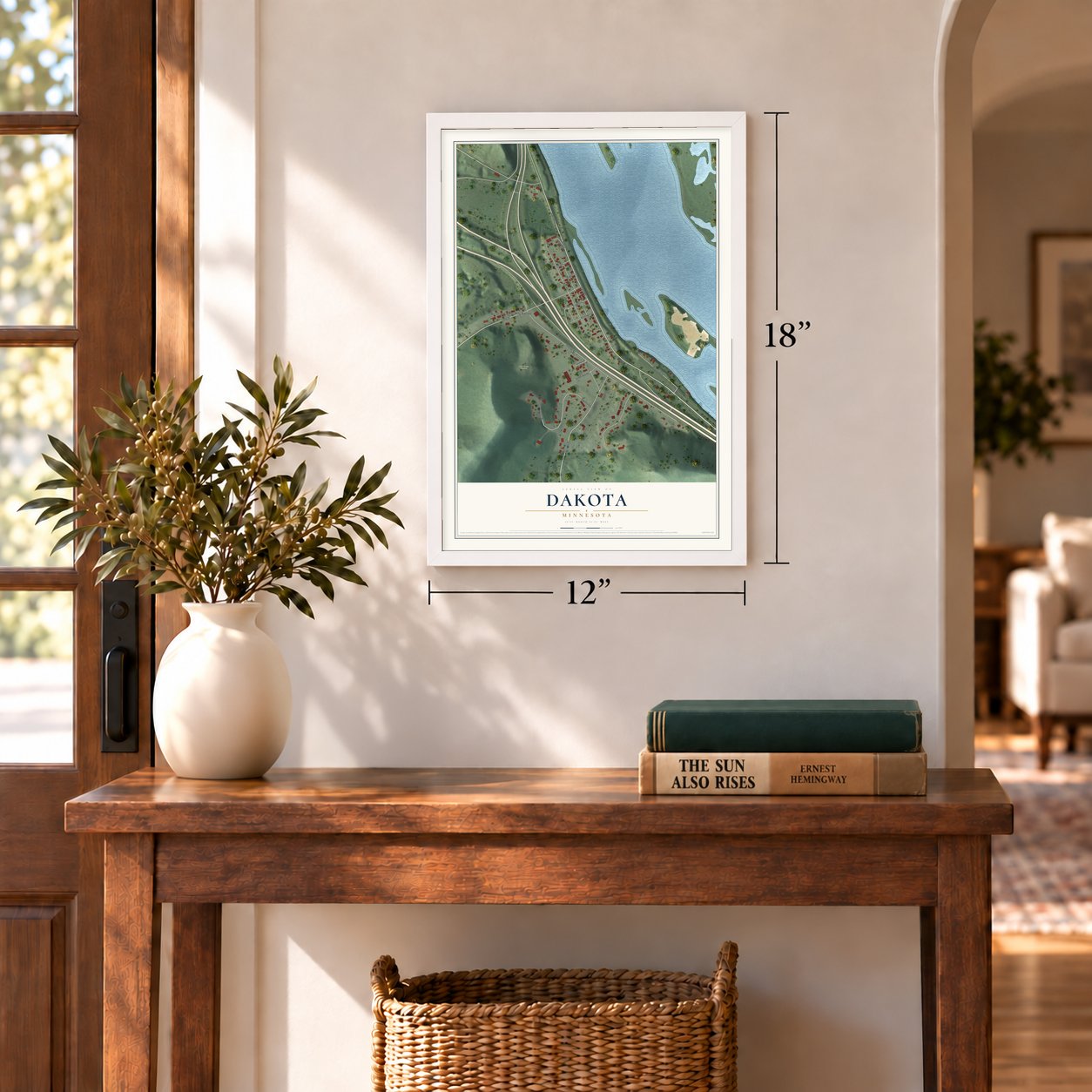 Dakota, Minnesota map, 12 x 18 inch print in a white frame in an entryway