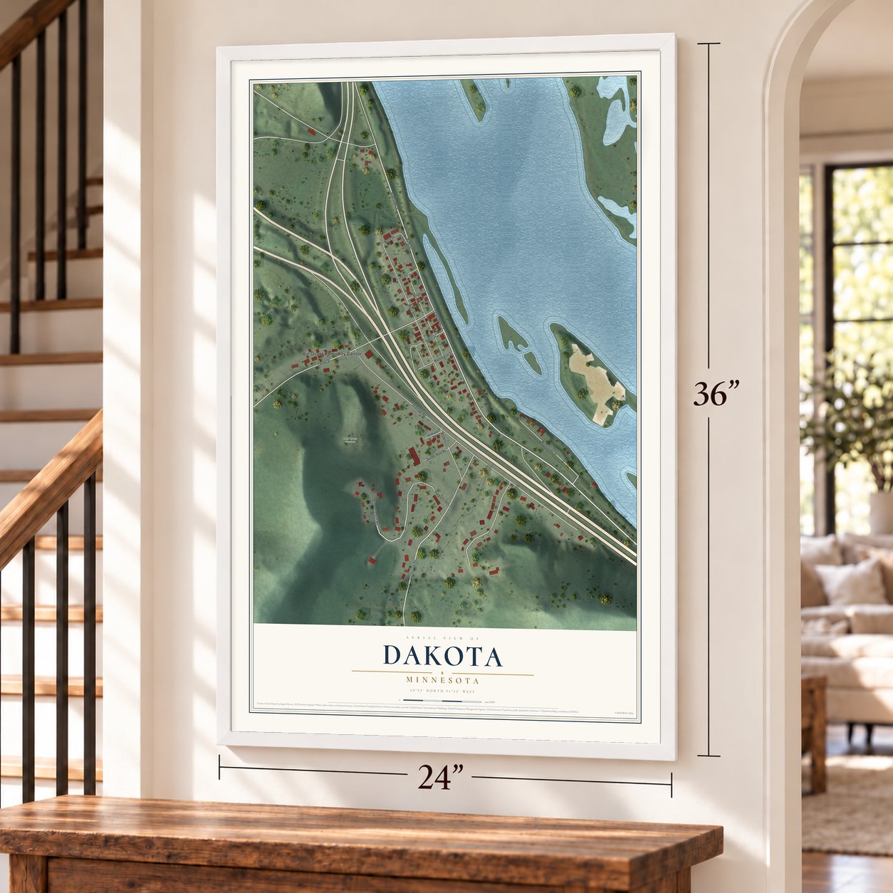 Dakota, Minnesota map, 24 x 36 inch print in a white frame by a staircase