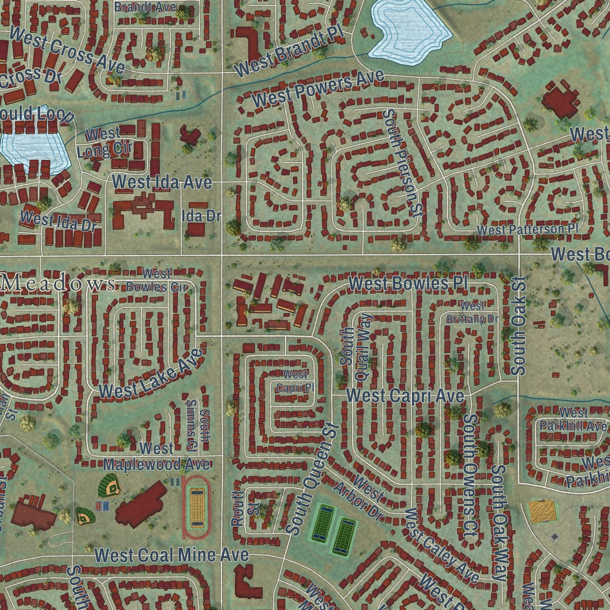Second close-up of the map of Dakota Ridge, Colorado print showing more streets and buildings