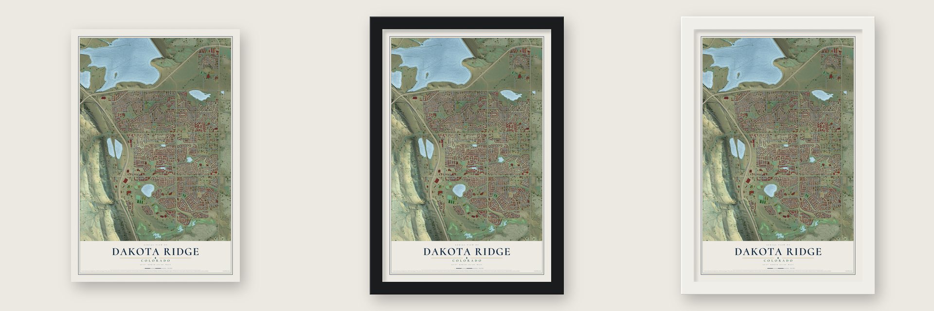 Dakota Ridge, Colorado map unframed, in a black wood frame and in a white wood frame
