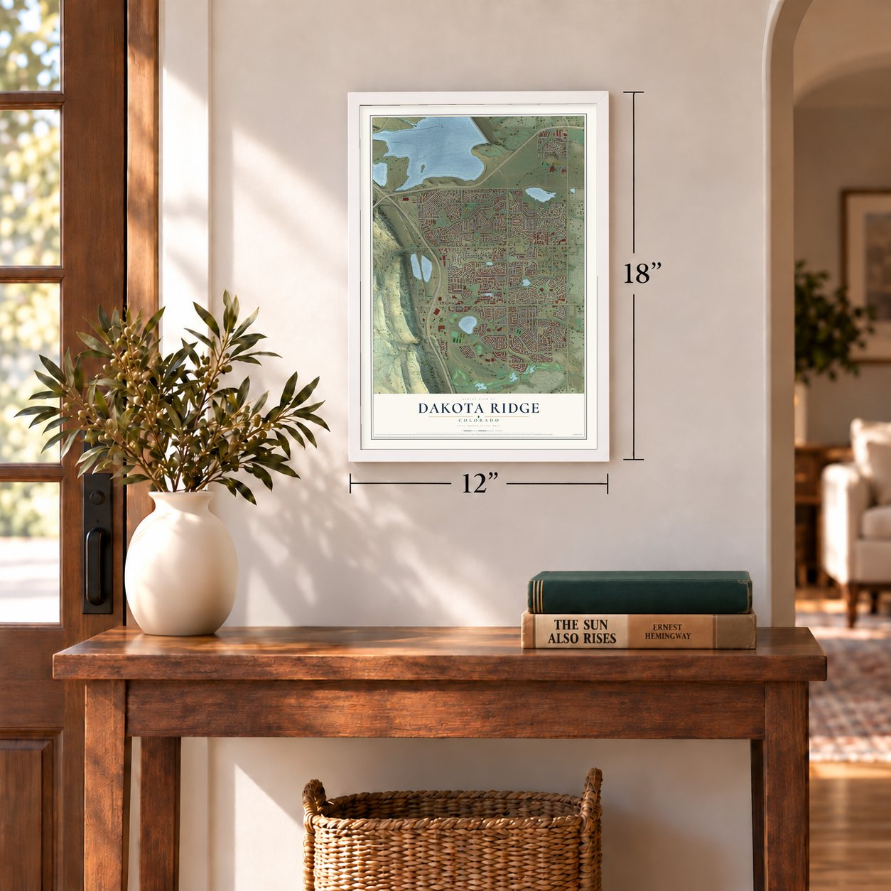 Dakota Ridge, Colorado map, 12 x 18 inch print in a white frame in an entryway