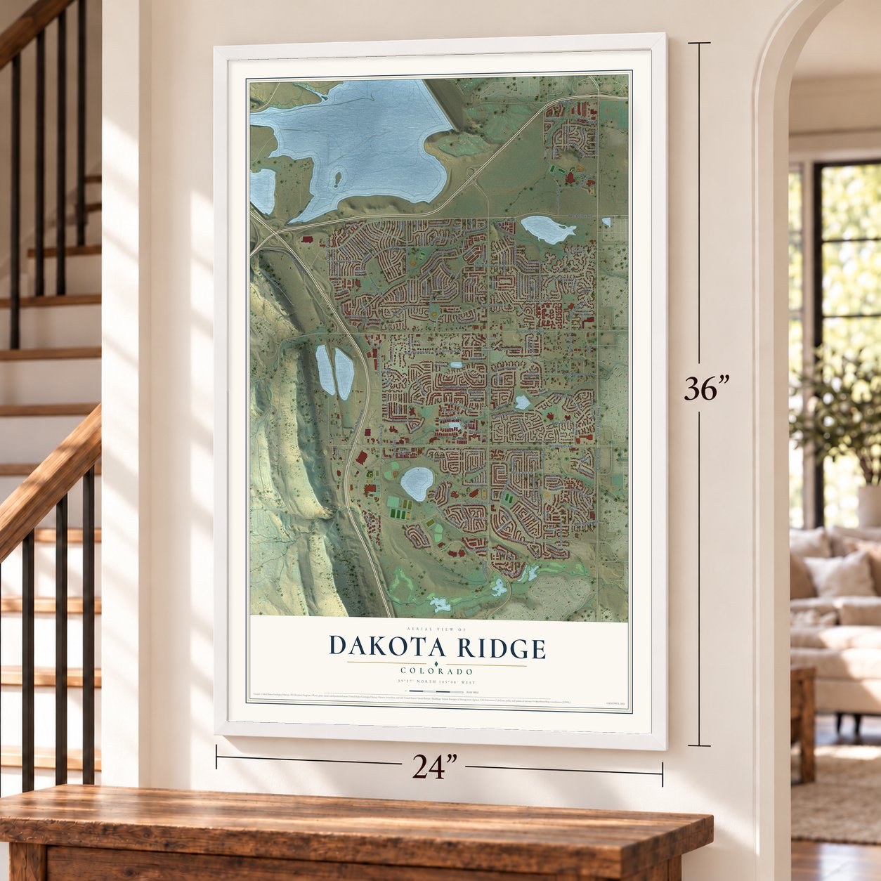 Dakota Ridge, Colorado map, 24 x 36 inch print in a white frame by a staircase