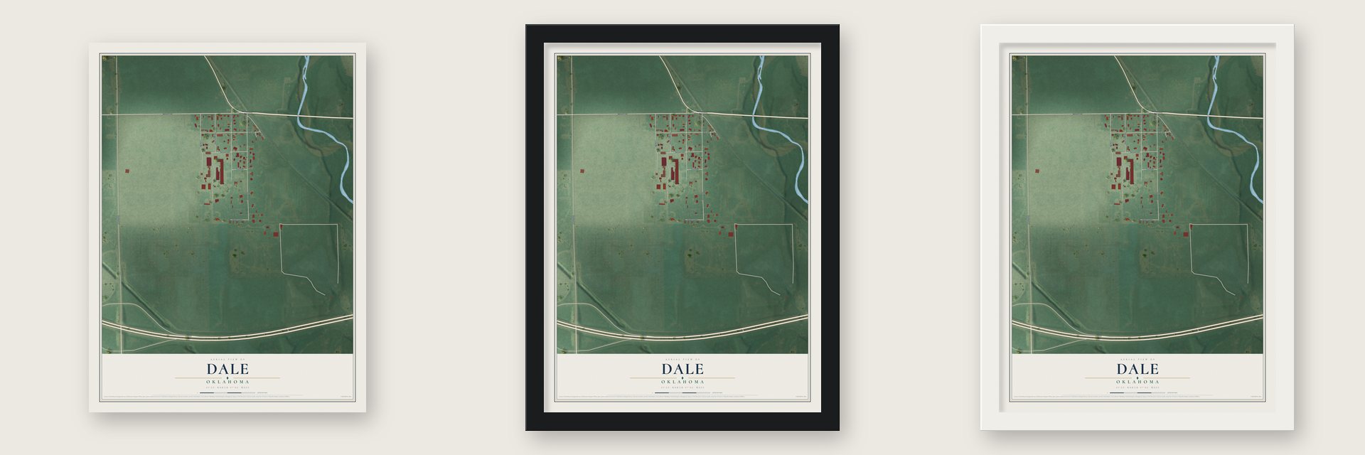 Dale, Oklahoma map unframed, in a black wood frame and in a white wood frame