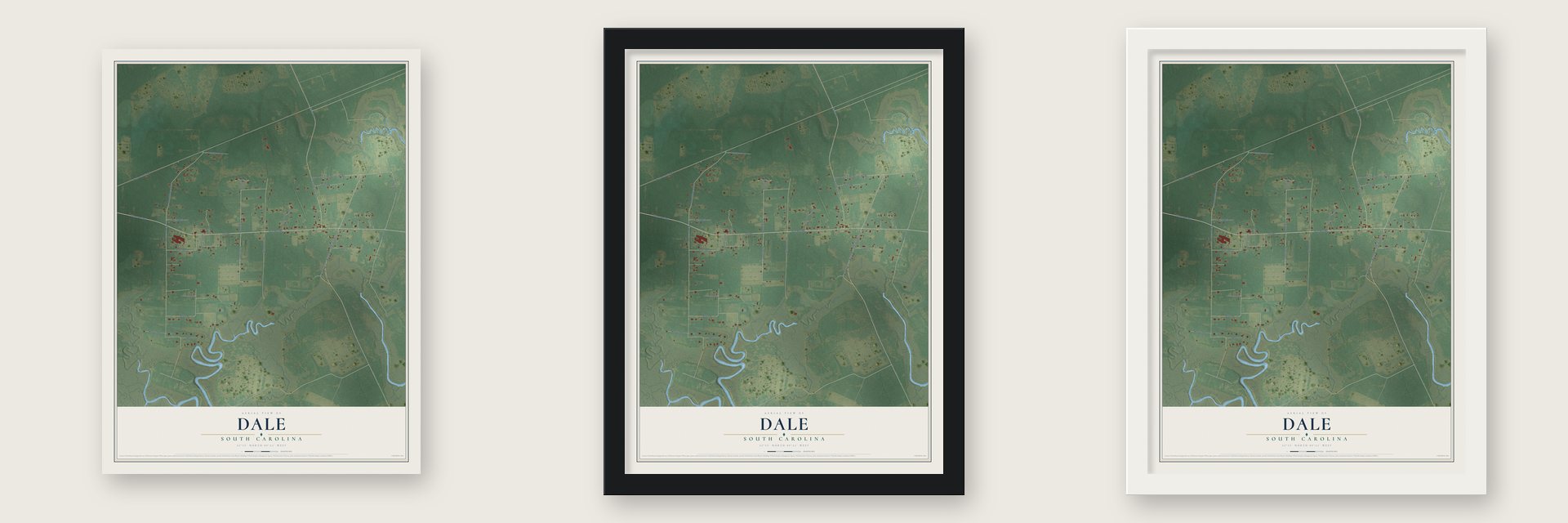 Dale, South Carolina map unframed, in a black wood frame and in a white wood frame
