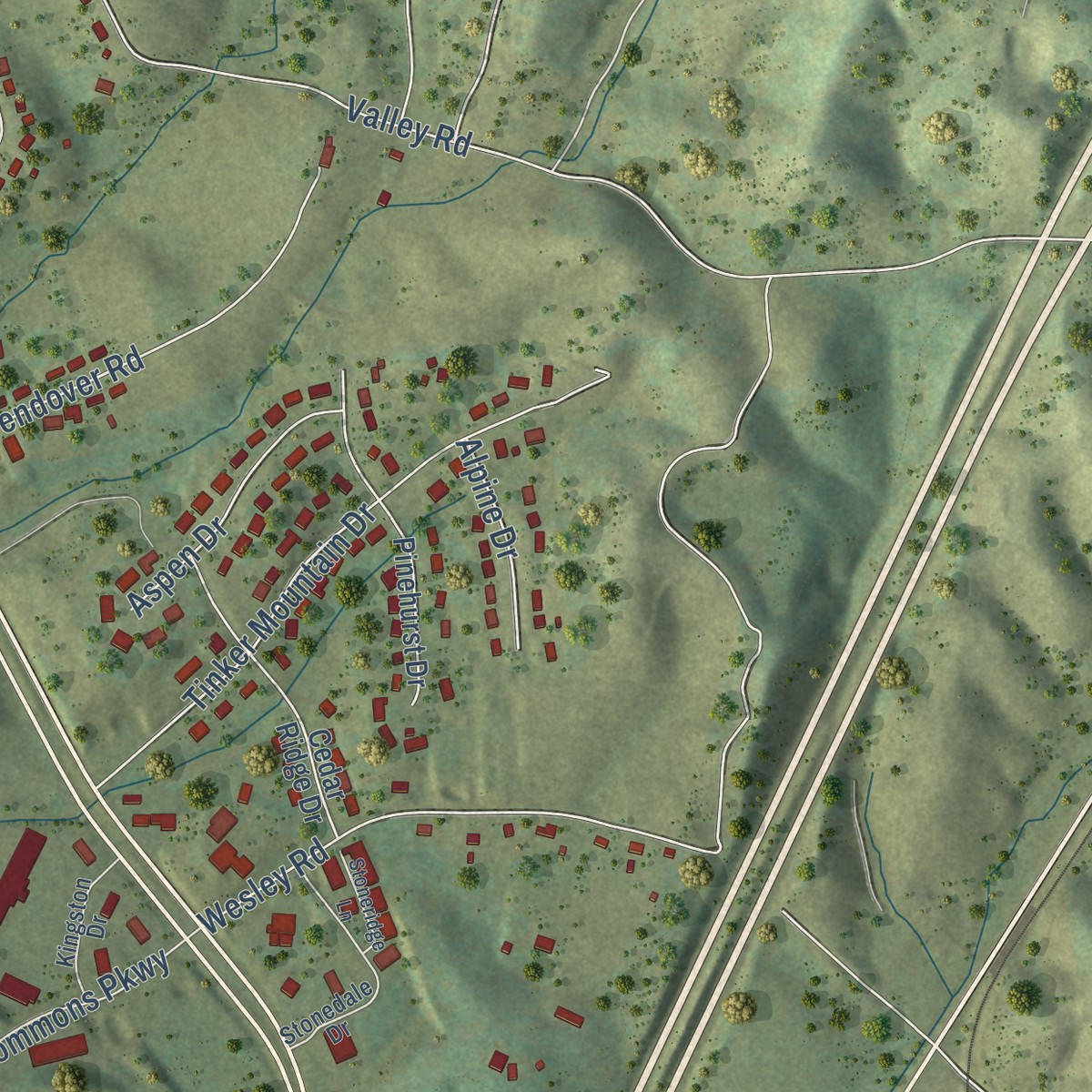 Second close-up of the map of Daleville, Virginia print showing more streets and buildings