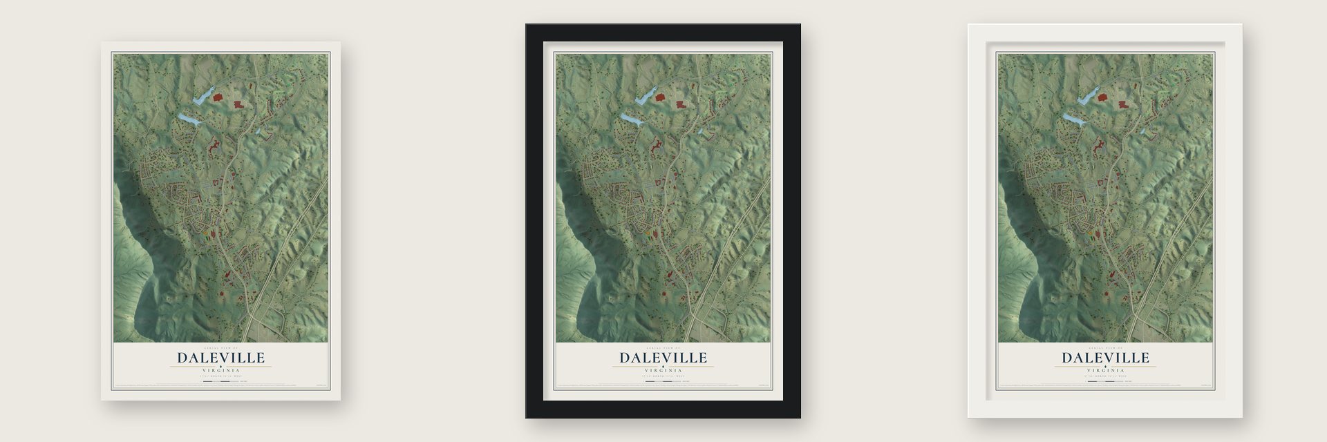 Daleville, Virginia map unframed, in a black wood frame and in a white wood frame