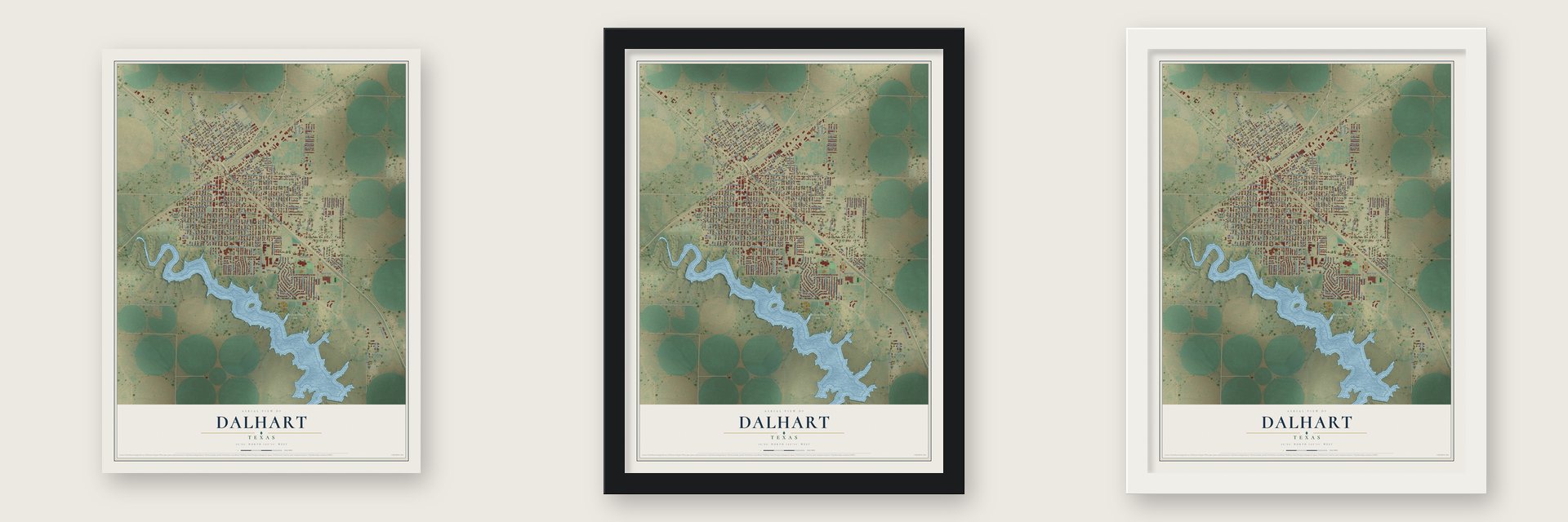 Dalhart, Texas map unframed, in a black wood frame and in a white wood frame