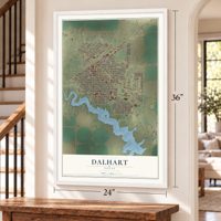 Dalhart, Texas map, 24 x 36 inch print in a white frame by a staircase