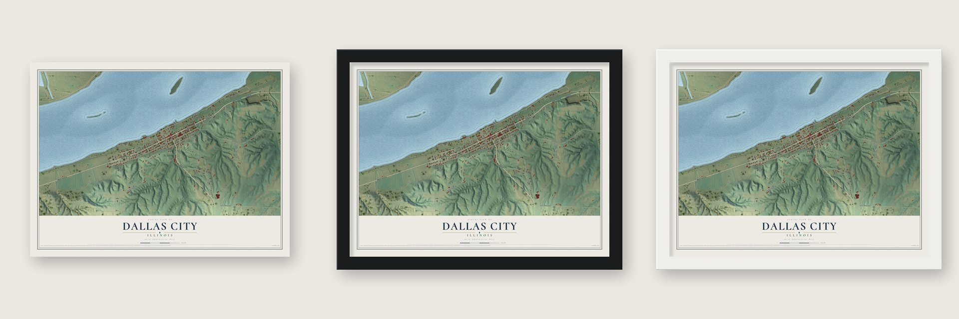 Dallas City, Illinois map unframed, in a black wood frame and in a white wood frame