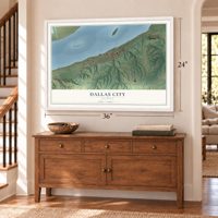 Dallas City, Illinois map, 24 x 36 inch print in a white frame above a dresser by a staircase