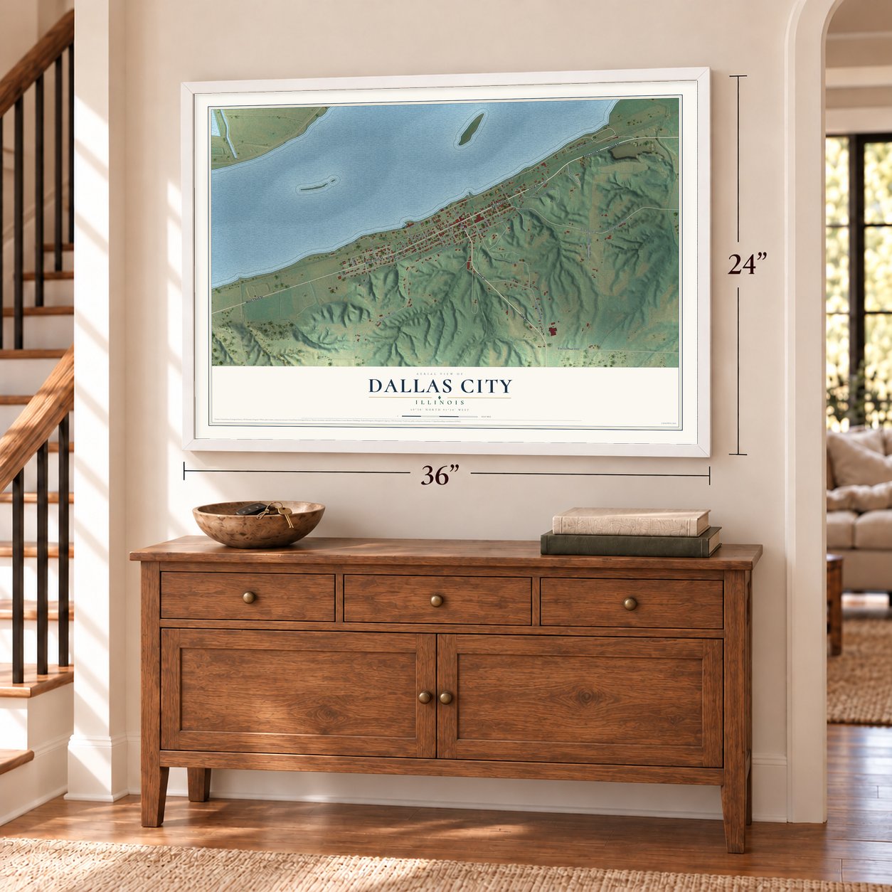 Dallas City, Illinois map, 24 x 36 inch print in a white frame above a dresser by a staircase