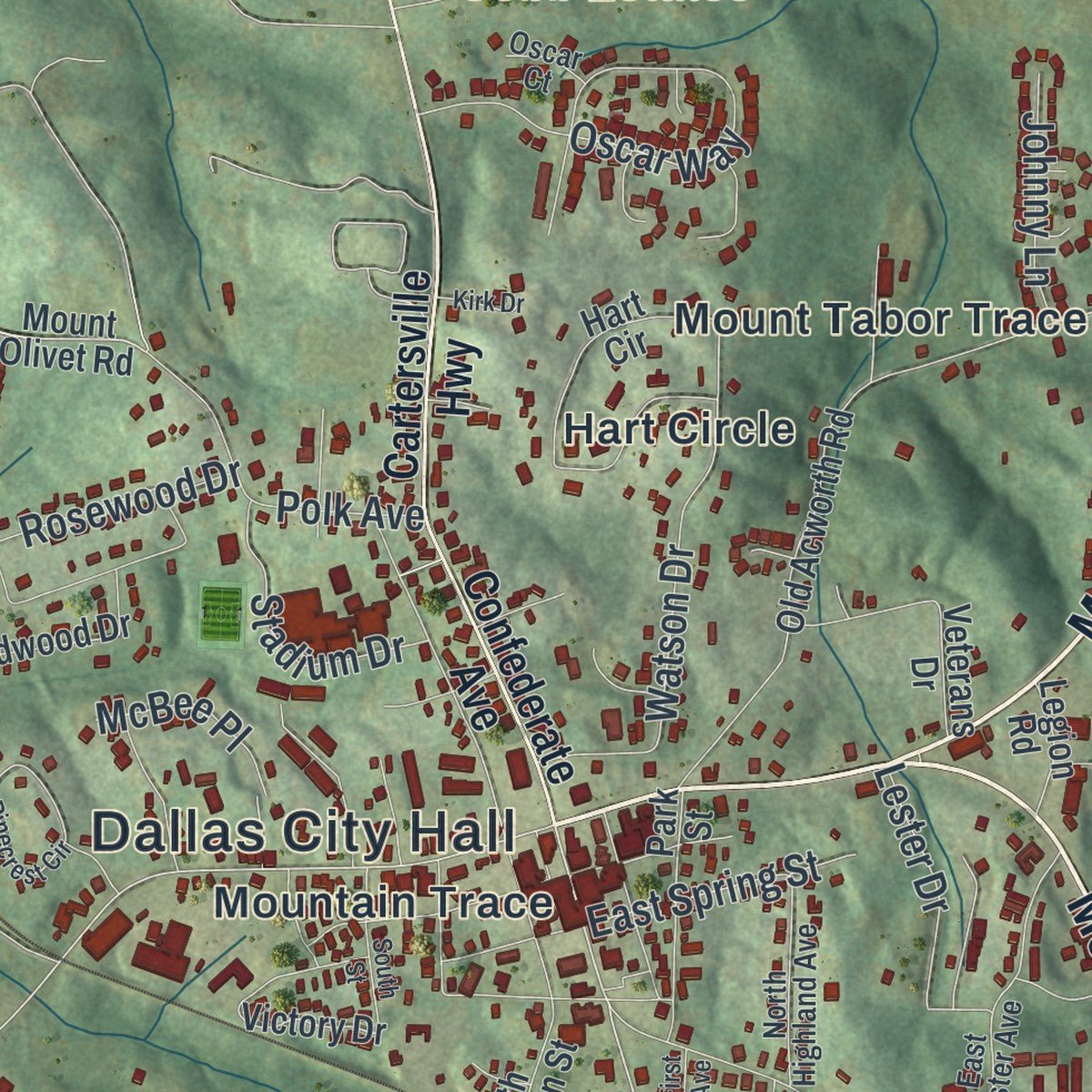 Second close-up of the map of Dallas, Georgia print showing more streets and buildings