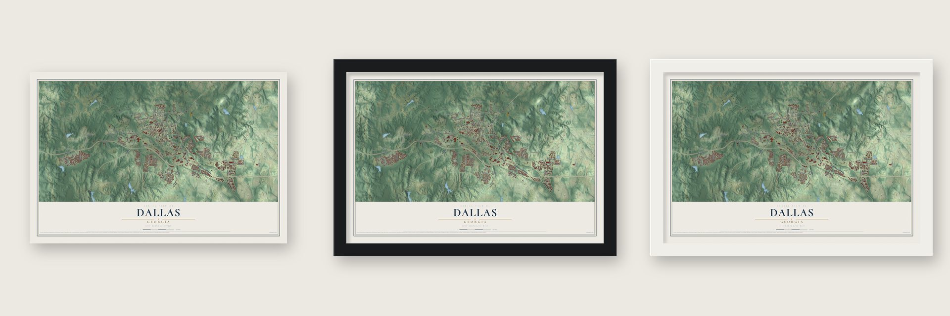 Dallas, Georgia map unframed, in a black wood frame and in a white wood frame