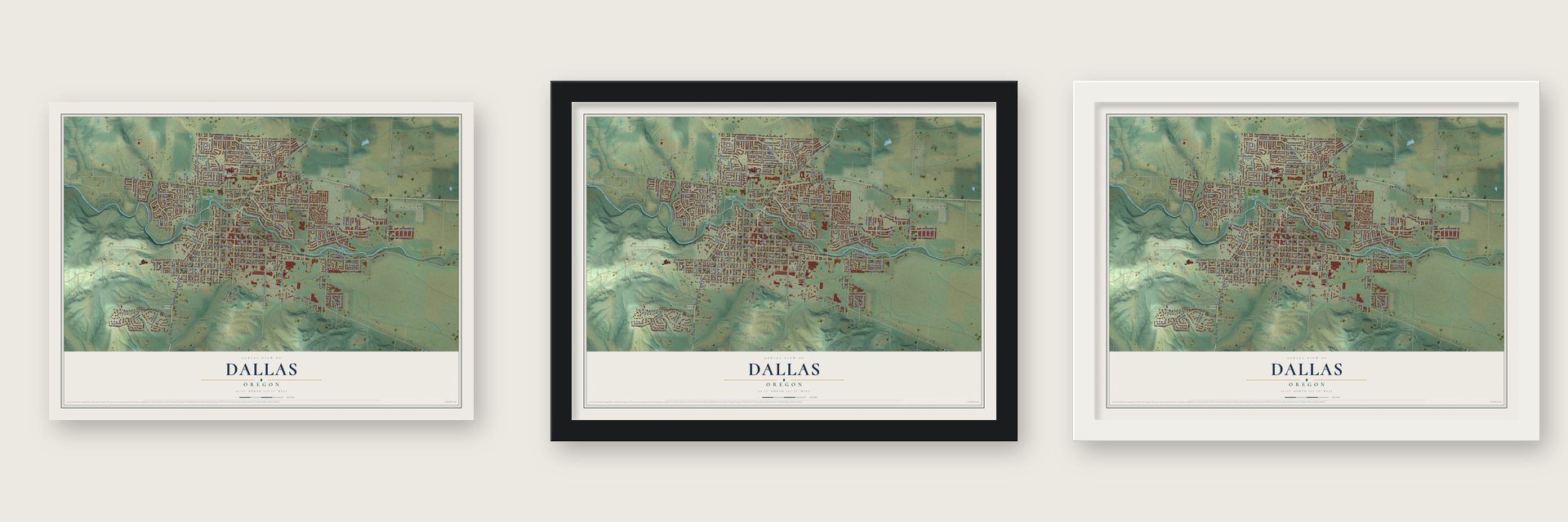 Dallas, Oregon map unframed, in a black wood frame and in a white wood frame