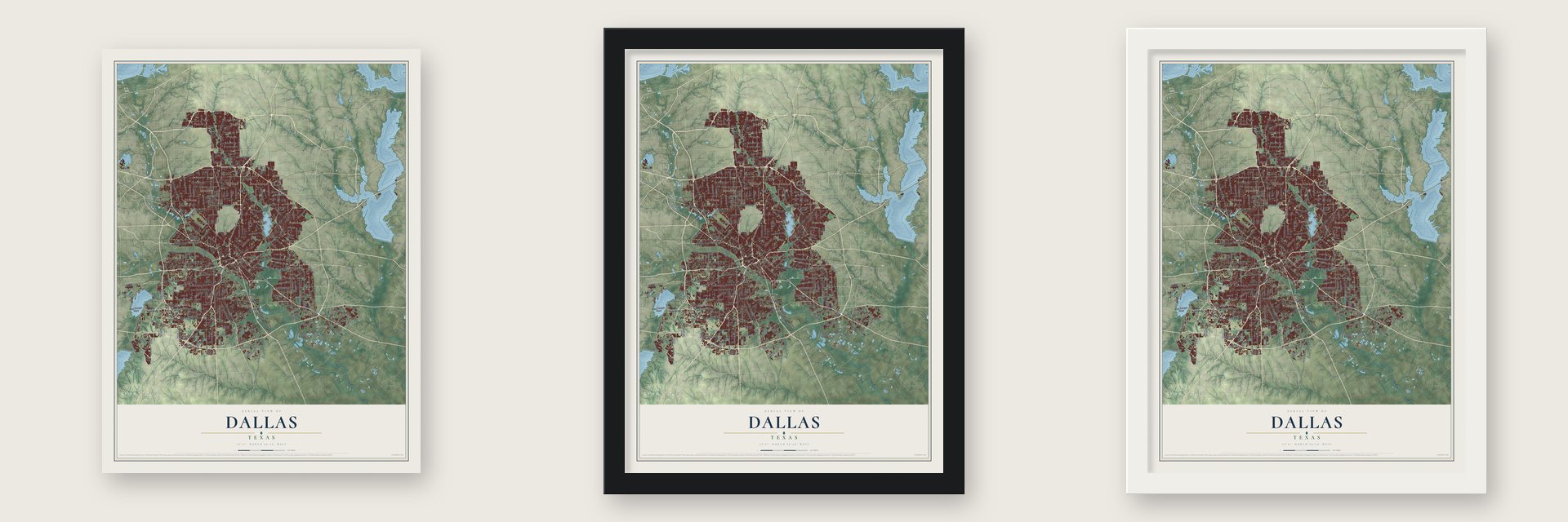 Dallas, Texas map unframed, in a black wood frame and in a white wood frame