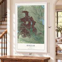Dallas, Texas map, 24 x 36 inch print in a white frame by a staircase