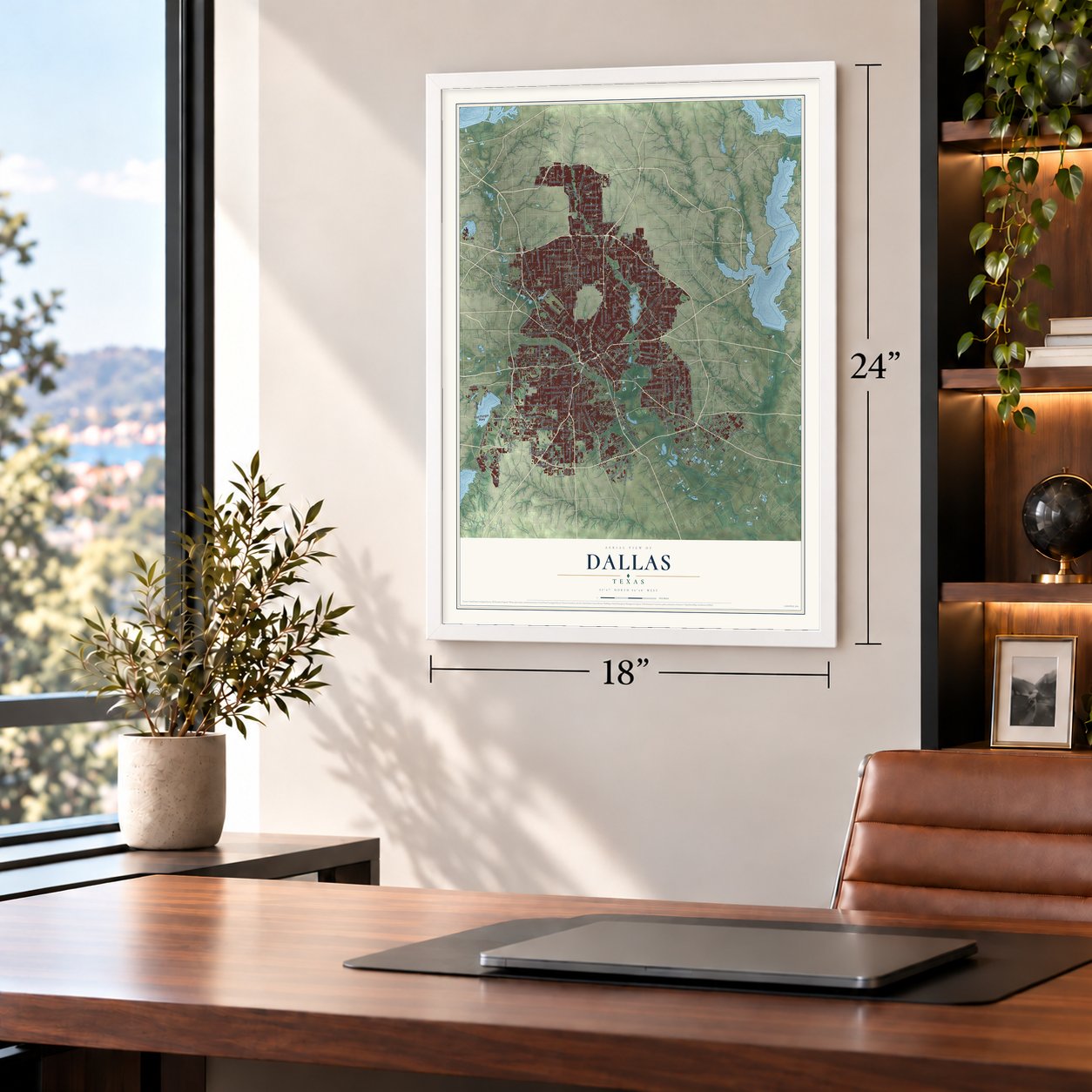 Dallas, Texas map, 18 x 24 inch print in a white frame in a home office