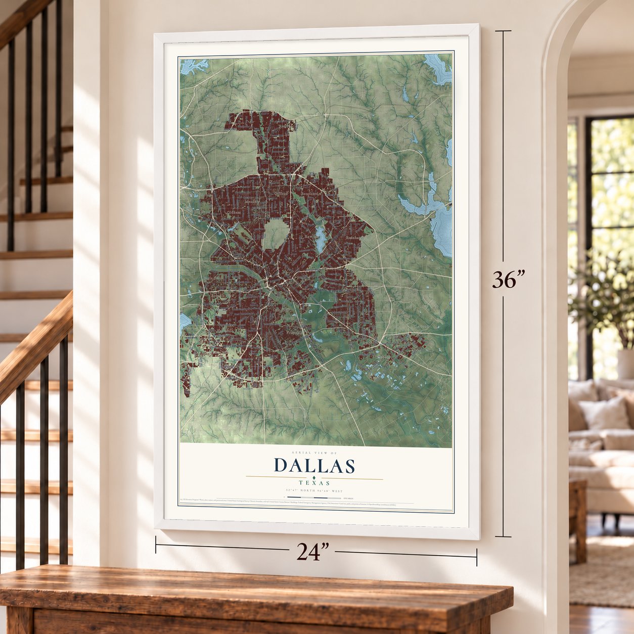 Dallas, Texas map, 24 x 36 inch print in a white frame by a staircase