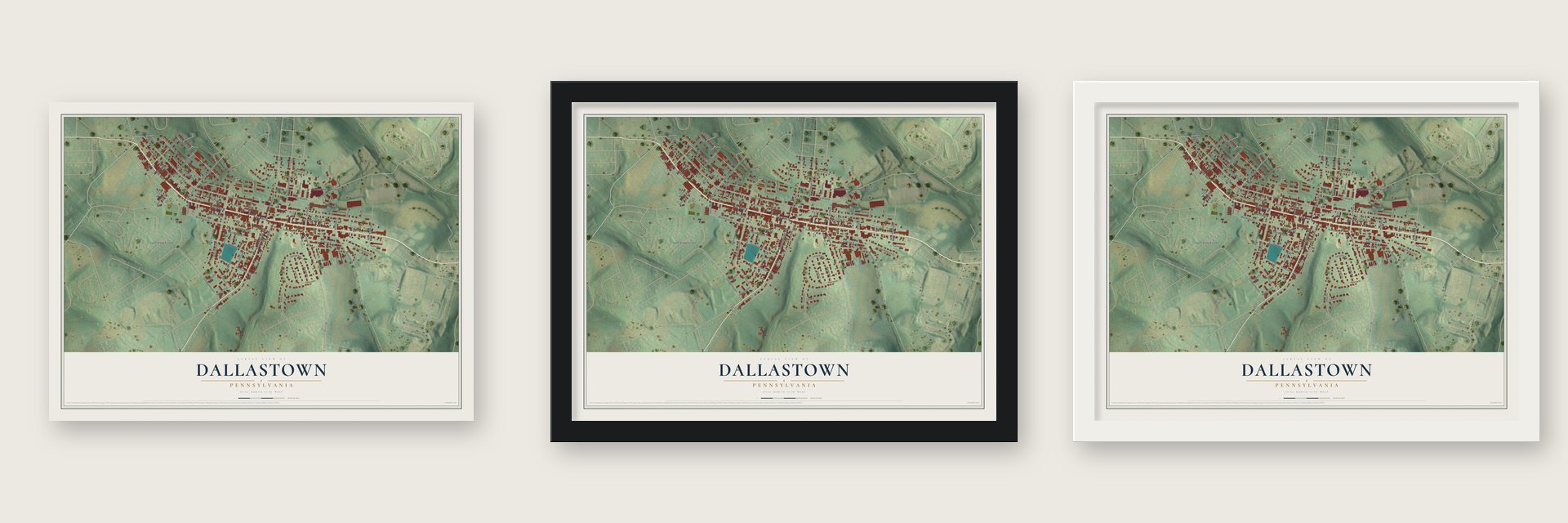 Dallastown, Pennsylvania map unframed, in a black wood frame and in a white wood frame