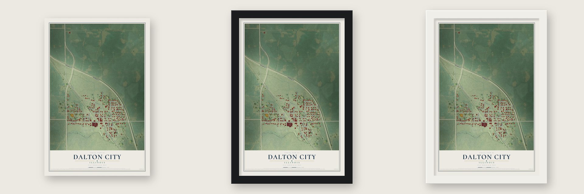 Dalton City, Illinois map unframed, in a black wood frame and in a white wood frame