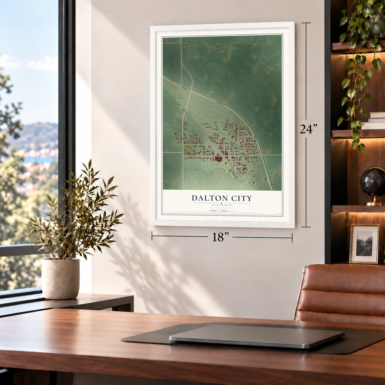 Dalton City, Illinois map, 18 x 24 inch print in a white frame in a home office