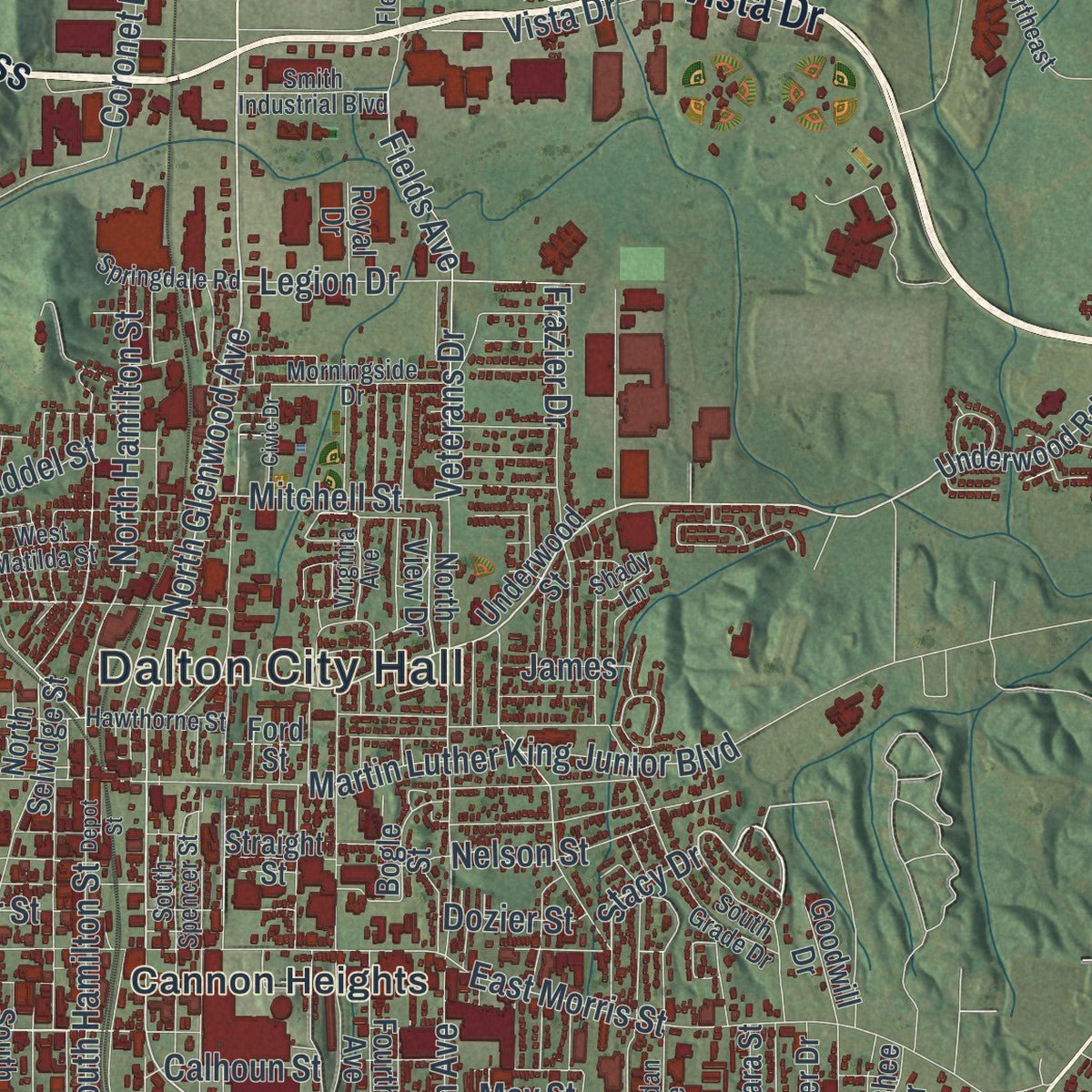 Second close-up of the map of Dalton, Georgia print showing more streets and buildings