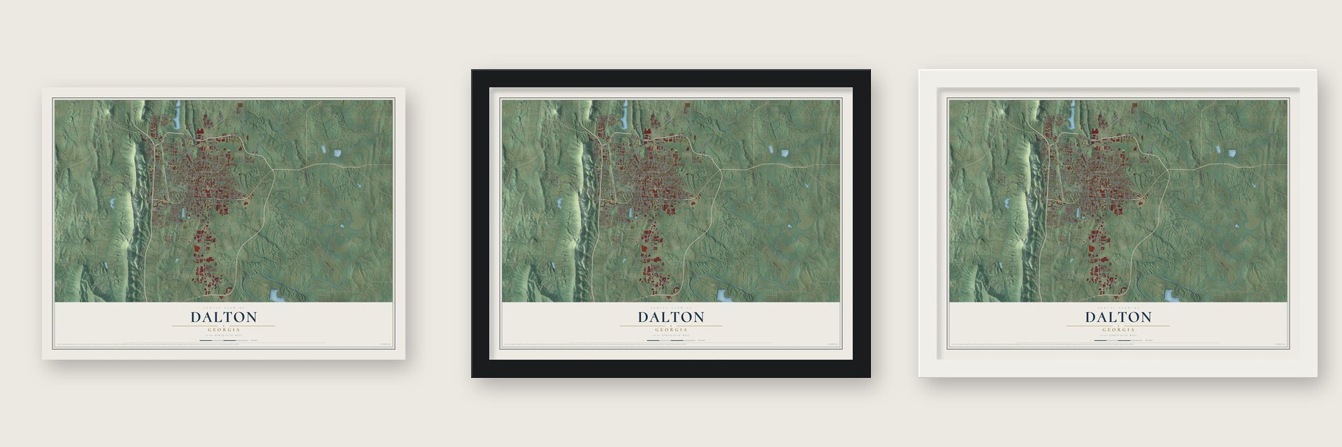 Dalton, Georgia map unframed, in a black wood frame and in a white wood frame