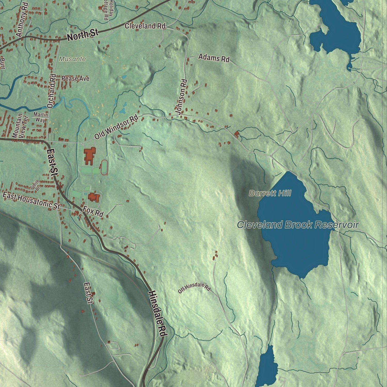 Close-up of the map of Dalton, Massachusetts print showing terrain and local geography