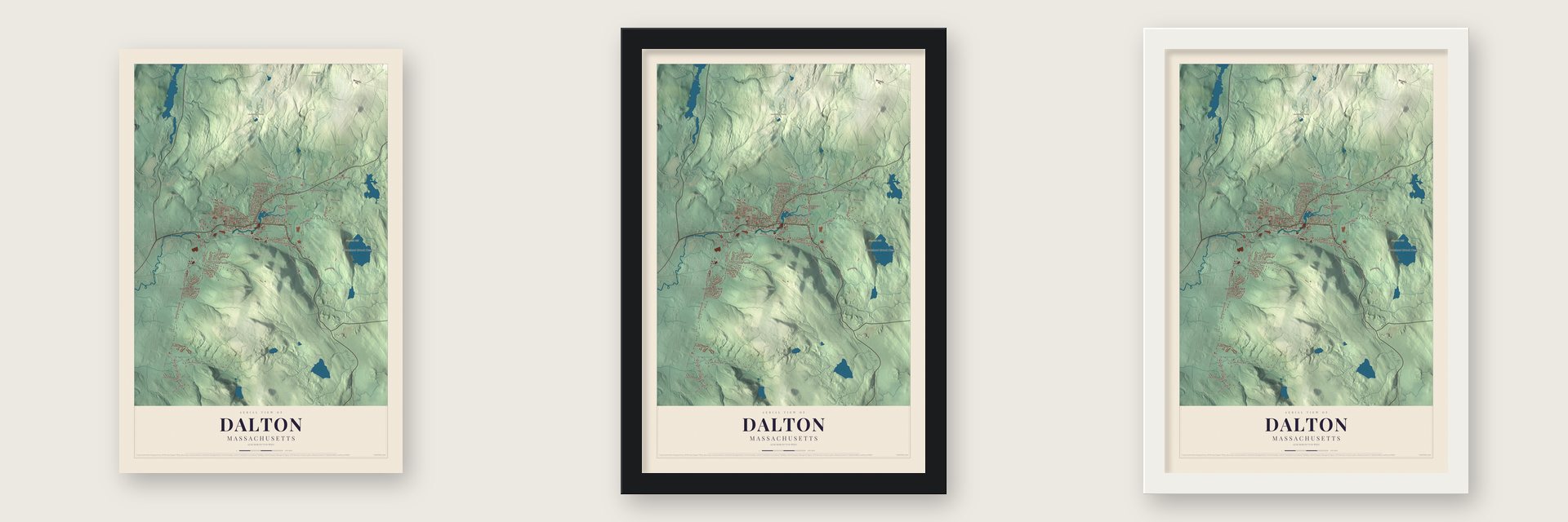 Dalton, Massachusetts map unframed, in a black wood frame and in a white wood frame