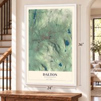 Dalton, Massachusetts map, 24 x 36 inch print in a white frame by a staircase