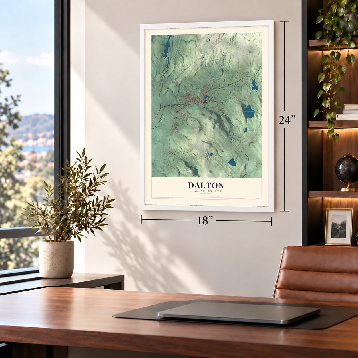 Dalton, Massachusetts map, 18 x 24 inch print in a white frame in a home office