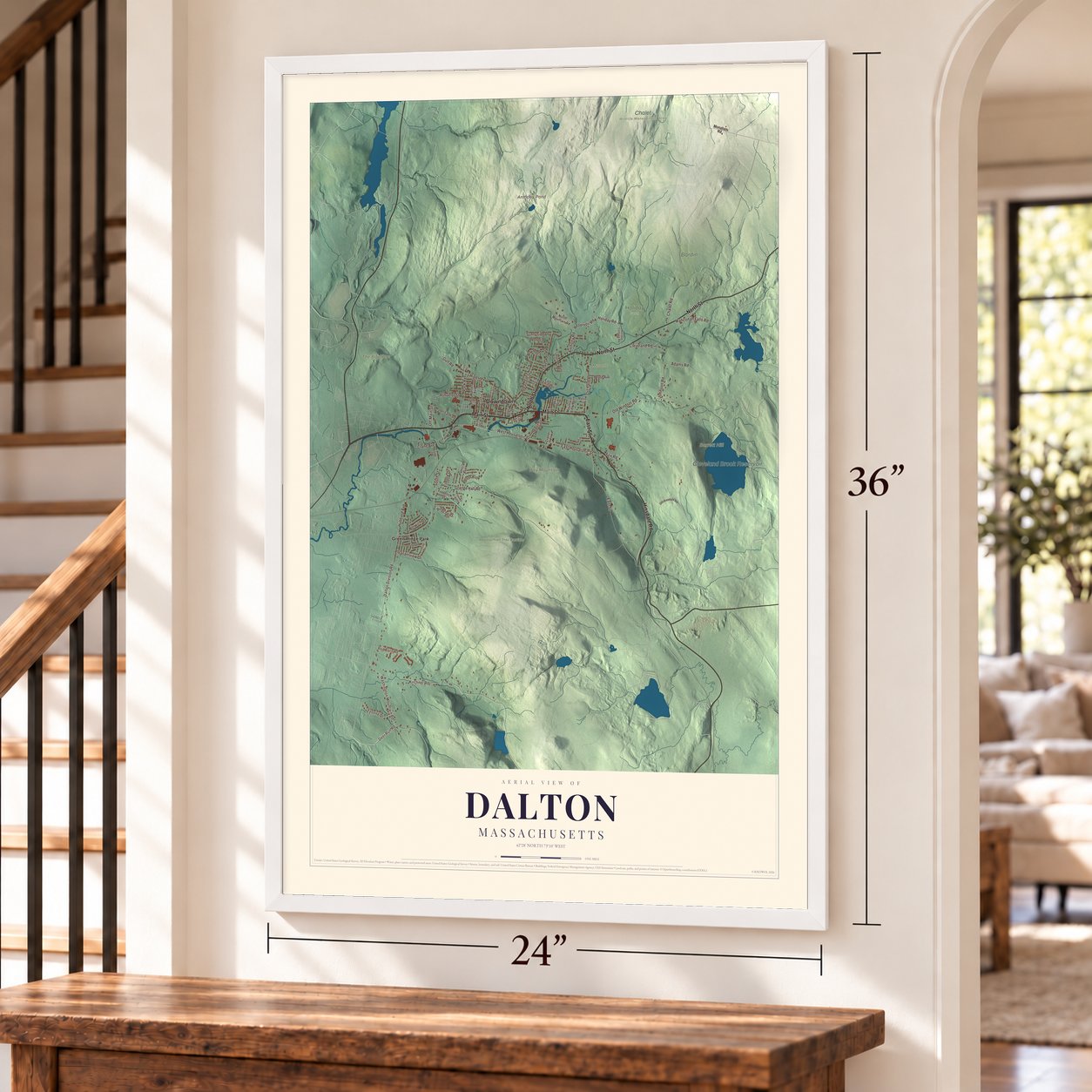 Dalton, Massachusetts map, 24 x 36 inch print in a white frame by a staircase