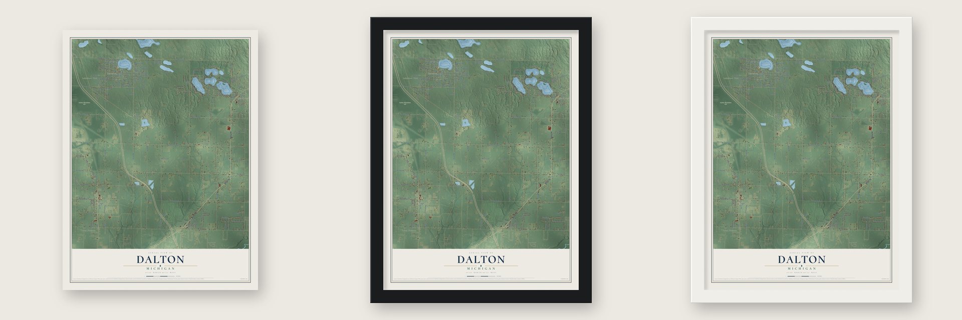 Dalton, Michigan map unframed, in a black wood frame and in a white wood frame